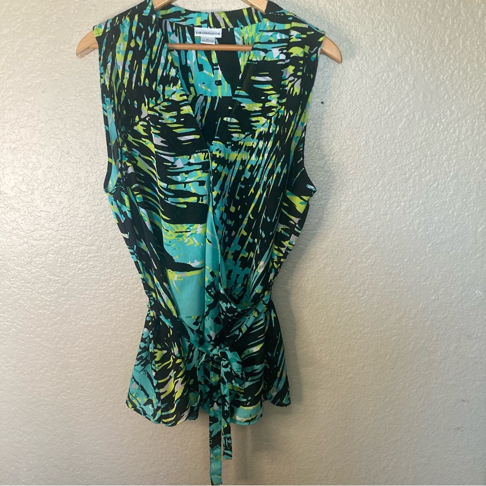 Liz Claiborne Women’s Sleeveless Wrap Blouse With Tie V-Neck Bold Print XL Sheer